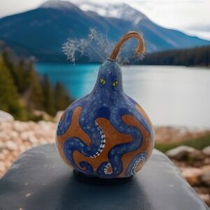 Vintage Gourd Hand Painted Folk Art Beach Seashore Octopus Beachhouse 11"